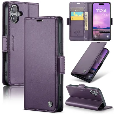 Obrázek produktu pro Pouzdro pro iPhone 16, RFID Blokování Karet, Pokročilé Flip Kožené Pouzdro s Funkcí Stojánku Fialová