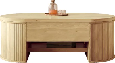 Immagine prodotto di Tavolino ribaltabile Sweiko, con fianchi in legno curvato, ripiano estraibile, piano ribaltabile, mobile multifunzionale per il soggiorno.