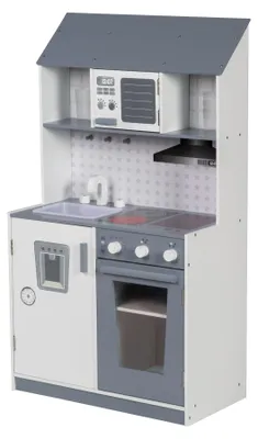 Zdjęcie produktu dla Kuchnia dla dzieci, kuchnia zabaw, biała, szara, zestaw kuchenny dla dzieci z zlewem, kranem, mikrofalówką, kuchenką, grillem, płytami grzewczymi i lodówką