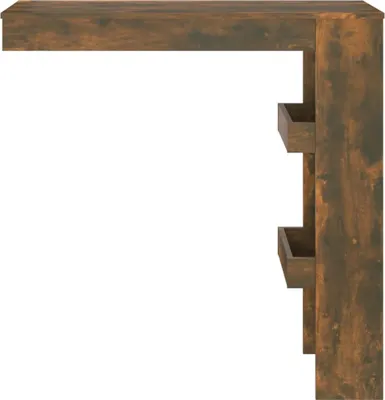 A corner view of a wall-mounted bar table with shelves.