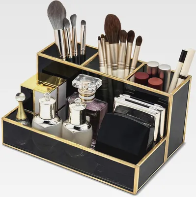 Produktbild von Make up Pinselhalter Schwarz - Multifunktional Make up Organizer für Kommode, Waschtischplatte, Schreibtisch - Kosmetik Aufbewahrung Box, Schmink Organizer aus Glas