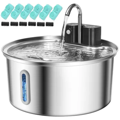 Productafbeelding van Draadloze kattenfontein van roestvrij staal met bewegingssensor, 3,2 liter waterreservoir, 45 dagen batterijduur, 12 filters