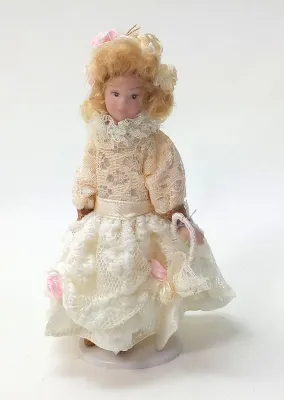 Produktbild von Puppe Mädchen im beigen Kleid für 1:12 Puppenhaus, Porzellan 12 cm