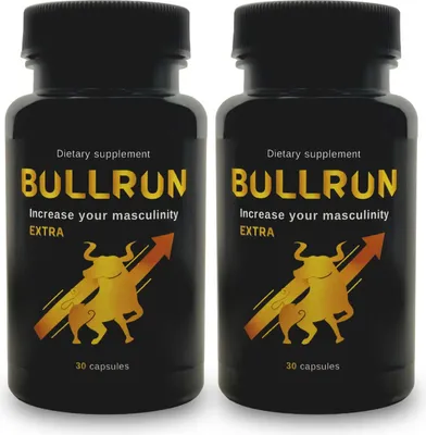 Two black bottles of a dietary supplement labeled 'BULLRUN' with graphics of a bull and an upward arrow.