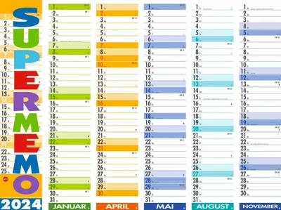 Produktbild von Supermemo Kalender 2024. Streifenkalender fürs Büro. Langer Wandkalender mit einer Spalte zum Eintragen. Büro-Kalender 2024. Kalender vertikal zum Aufhängen. 17 x 85 cm