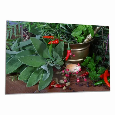 Produktbild von Wallario Herdabdeckplatte aus Glas, Größe 80 x 52 cm 2-teilig, Motiv Frische  Kräuter  und  Gewürze