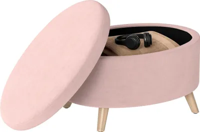 Image de Pouf rembourré avec espace de rangement - Banc ovale - Revêtement en velours - Pieds en bois massif d'hévéa - Supporte jusqu'à 120 kg - Dimensions 71 x 51,5 x 42 cm - Rose