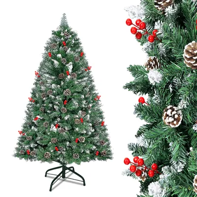 Produktbild von UISEBRT Künstlicher Weihnachtsbaum 150CM Tannenbaum Grün PVC Tannenzapfen mit Kiefernzapfen und Rot Beeren Dekobaum für Weihnachten-Dekoration
