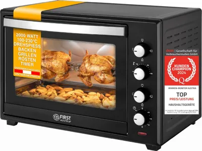Image de TZS First Austria Mini-four 60l I 2000W I Convection + tournebroche I 4 éléments chauffants I Plage de température jusqu'à 230 °C I Minuterie 60 min I Acier inox I Noir *