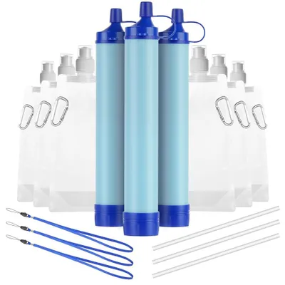 Image de Filtre à eau personnel HOTUT, lot de 3 filtres à eau pour l'extérieur, avec deux sacs de stockage d'eau, filtre à eau portable pour boire directement, idéal pour la randonnée, le camping, les voyages et les situations d'urgence