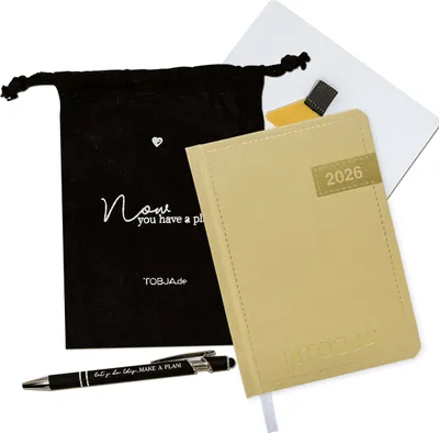 Produktbild von Taschenkalender 2026 A6 Denim + Zubehör Set - Terminplaner mit Froschtasche, Stift, Pen-Loop und Beutel | Hardcover Kalender 2026 A6