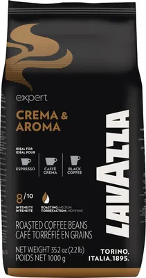 A bag of Lavazza Expert Crema & Aroma coffee beans against a white background.