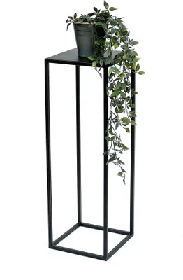 A black metal plant stand with a potted plant on top.