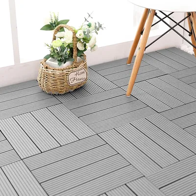 Produktbild von WPC Terrassenfliesen 30x30cm in Holzoptik mit Kunststoff-Entwässerungsnetz, wetterfeste Balkonfliesen im 11er Set für 1m² Außenbereich