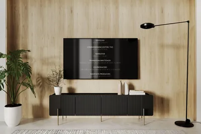Zdjęcie produktu dla Szafka RTV 200 cm ryflowana czarny mat złote nóżki szuflady półki MDF Malmi