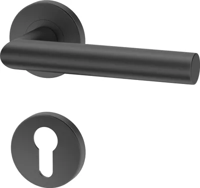 A black door handle and keyhole escutcheon are shown against a white background.