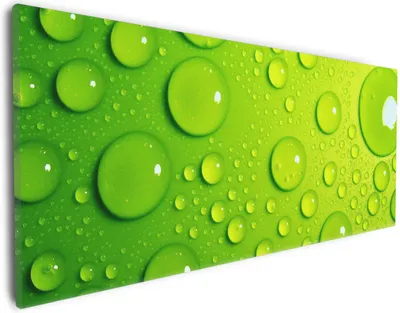 Produktbild von Wallario Premium Leinwandbild Wassertropfen auf Grün in Größe 30 x 75 cm