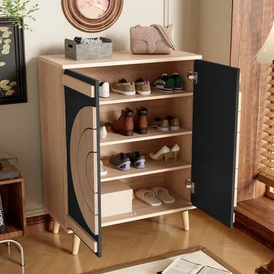 Immagine prodotto di okwish Moderno scarpiera con gambe stabili in legno, scarpiera con ante geometriche arrotondate, scarpiera in legno, nero + naturale