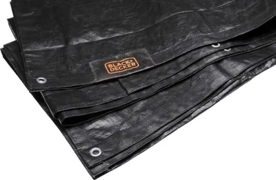 A folded black tarp with grommets, showing a brand logo.