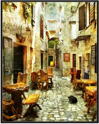 Produktbild von Wallario Wandbild Italienische kleine Gasse, Größe: 40,30 x 50,30 cm, Poster mit schwarzem Aluminiumrahmen
