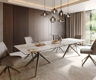 Produktbild von DELIFE Esstisch Edge 300x100 Keramik Minas Melange Weiß-Beige Estelar rund Metall Effektfinish Titan