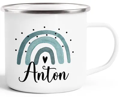 Produktbild von Emaille-Tasse Kinder mit Name bedruckt Motiv Regenbogen personalisierbar Becher personalisierte Geschenke SpecialMe® Jungs weiss-blau-metall Emailletasse