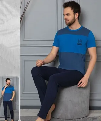 Obrázok produktu pre Herren Pyjama Schlafanzug Blau XXL Baumwolle Kurz 2-Teiler Set C-33