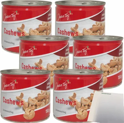 Produktbild von Jeden Tag Cashews pikant gewürzt Cashewkerne 6er Pack (6x150g Dose) + usy Block