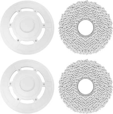 A product image showing two white plastic mop plates and two gray microfiber mop pads, arranged in a two-by-two grid against a white background.
