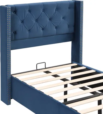 Produktbild von Flieks Polsterbett 90x200cm Jugendbett mit Lattenrost, Einzelbett Klassische Betten Kinderbett Massivholzbett, Samt, Blau