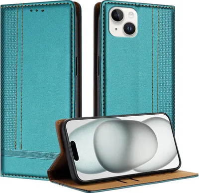 Produktbild von Handyhülle für iPhone 15 Plus Leder Flip Klappbare Schutzhülle mit Standfunktion Grün