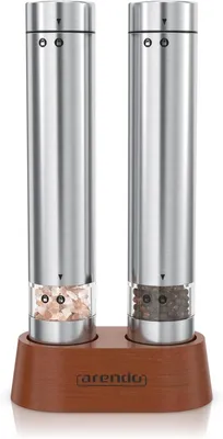 Produktbild von Arendo elektrische Salz und Pfeffermühle im 2er Set aus Edelstahl mit Glasbehältern und Holzständer für Gewürze und getrocknete Kräuter silber