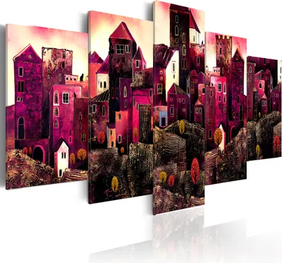 Immagine prodotto di Quadro su tela astratto 200x100 cm in tessuto non tessuto 5 pezzi stampa d'arte moderna arte murale XXL decorazione murale design quadro murale - Cities Häser Bäme colorato 020115-4