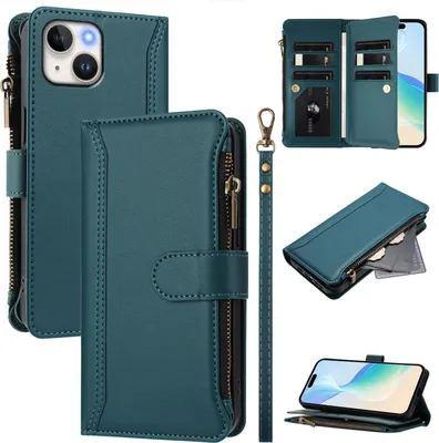 Obrázek produktu pro Pouzdro pro iPhone 14/13, zipem, peněženkovéPolyuretankožené flip pouzdro s kapsami na karty, stojánkem a poutkem na ruku zelený