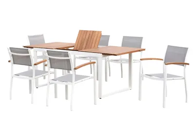 Produktbild von Merxx Gartenmöbelset Naxos weiß 7tlg., 6 Stapelsessel, 1 Ausziehtisch 150 (200) x 90 cm - Aluminium/Textil/Akazie