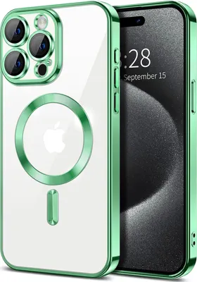 Produktbild von Magnetische Klar Hülle für iPhone 15 Pro Max, Kompatibel mit MagSafe, Elektroplattiert Handyhülle mit Kameraschutz hellgrün