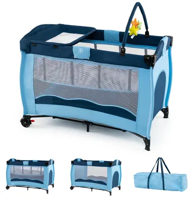 Produktbild von COSTWAY 4 in 1 Babybett mit Matratze & Rollen, Reisebett mit Wickeltisch, Babywiege, Laufstall, Kinderreisebett für Neugeborene 0-24 Monate, Blau
