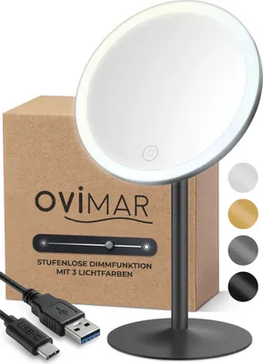 A makeup mirror with LED lighting and a USB-C charging cable, displayed next to its packaging.