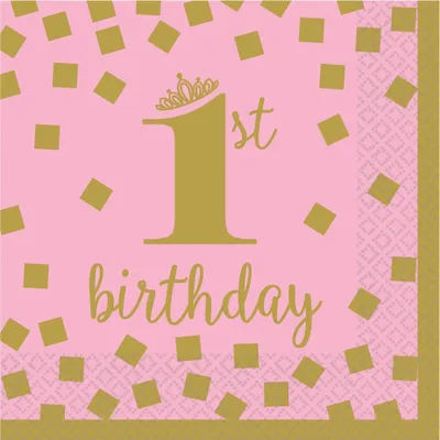 Immagine prodotto di 16 tovaglioli primo compleanno bambina rosa-oro