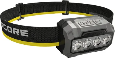 A Nitecore HA23 UHE MCT black headlamp with a black and yellow strap is shown against a white background.