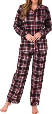 Produktbild von Damen Pyjama in Karo Optik zum durchknöpfen in Single Jersey Qualität - auch in Übergrößen ; rot , 40