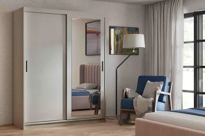 Produktbild von Kleiderschrank HADRIAN mit Spiegel, Schwebetürenschrank 100 cm, Schlafzimmerschrank mit Kleiderstange und Regalfächern, Modern - Kaschmir
