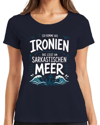 Immagine prodotto di T-shirt da donna, colore blu navy, taglia 3XL, con scritta "Vengo da un mare di ironia e sarcasmo. Ancora?"