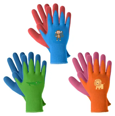 Produktbild von 3 Paar Kinderarbeitshandschuhe, Gartenhandschuhe für Kinder im Alter von 5-7 Jahren, rutschfeste Gartenhandschuhe mit Latexbeschichtung für die Gartenarbeit im Freien, für Jungen und Mädchen