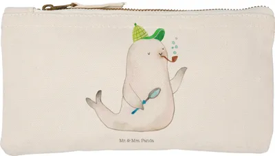 Produktbild von Mr. & Mrs. Panda Kulturbeutel Robbe Sherlock Größe S Klein - Weiß - Geschenk, Make-Up Tasche, kosmetiktäschchen, Schlampermäppchen, Lustige Sprüche, Pouch, Etui