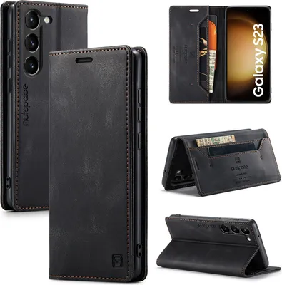 Produktbild von Galaxy S23 Brieftasche Hülle, Retro Kunstledertasche Stand Schutzhülle für Samsung Galaxy S23 Schwarz