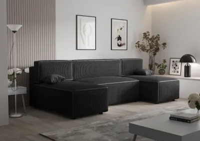 Produktbild von Ecksofa Alvito U, Farbe: Schwarz. Material: Kord. A: B: 290 cm,H: 85 cm,Tiefe: 105 cm, Eckcouch, Schlafcouch, Sofa bed, Schlafsofa