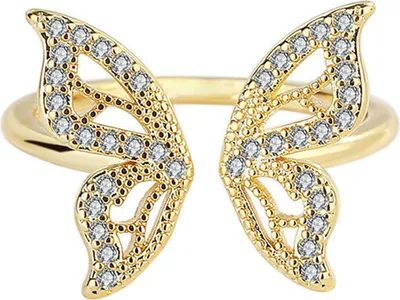 Produktbild von Damen-Ring, geometrisch, glänzend, mit Strasssteinen eingelegt, funkelnd, verstellbare Öffnung, dekoratives Geschenk, Schmetterlings-Knöchelring, Charm-Schmuck für Dating-Golden