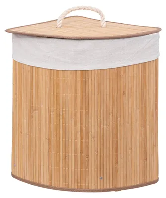 A corner laundry hamper made of bamboo with a fabric liner and a lid with a rope handle.