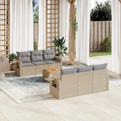Produktbild von Design 7-tlg. Garten-Sofagarnitur mit Kissen Beige Poly Rattan, Gartenmöbel-Sets 2024 Neu
